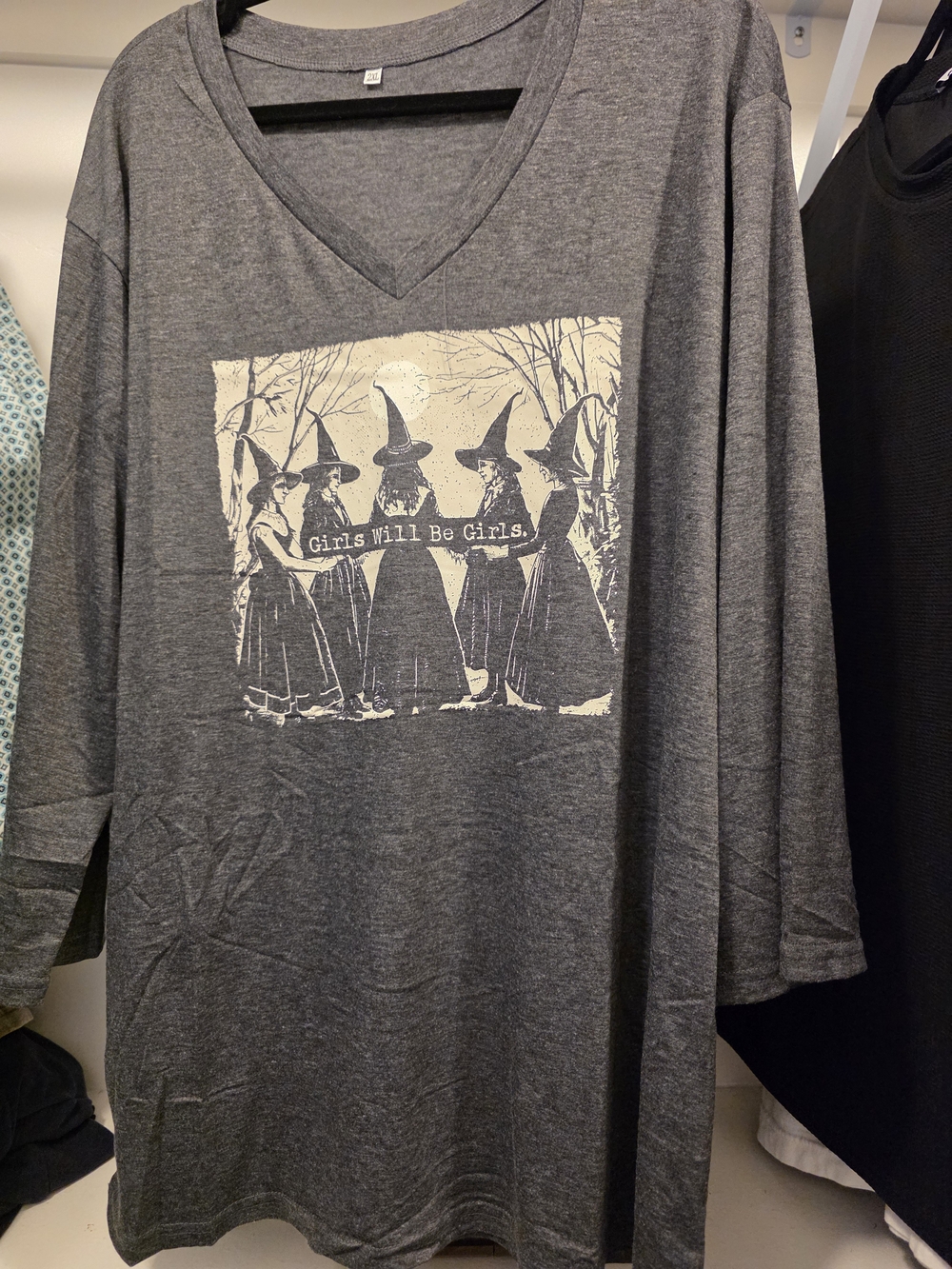Gray V-Neck Long Sleeve Top with 'Girls Will Be Girls' Graphic